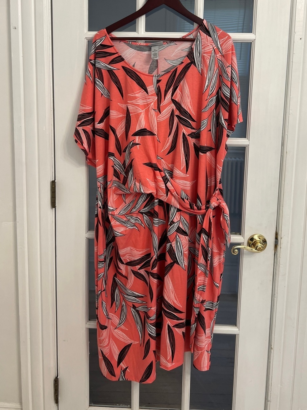 CATHERINES Women's Coral Pink Tropical Print Short Sleeve Tie Waist Dress